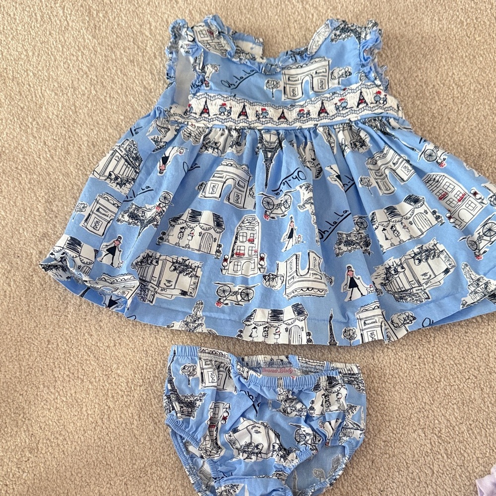 Bonnie Baby Light Blue Paris Print Dress with Matching Bloomer